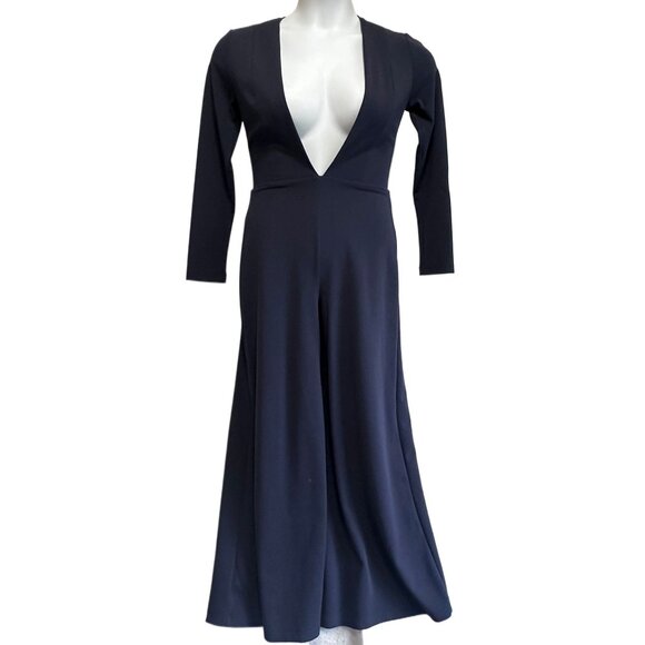 STYLESTALKER Nova Navy Jumpsuit Long-Sleeve Deep Plunge V-Neck Size Small 70s - Picture 4 of 14